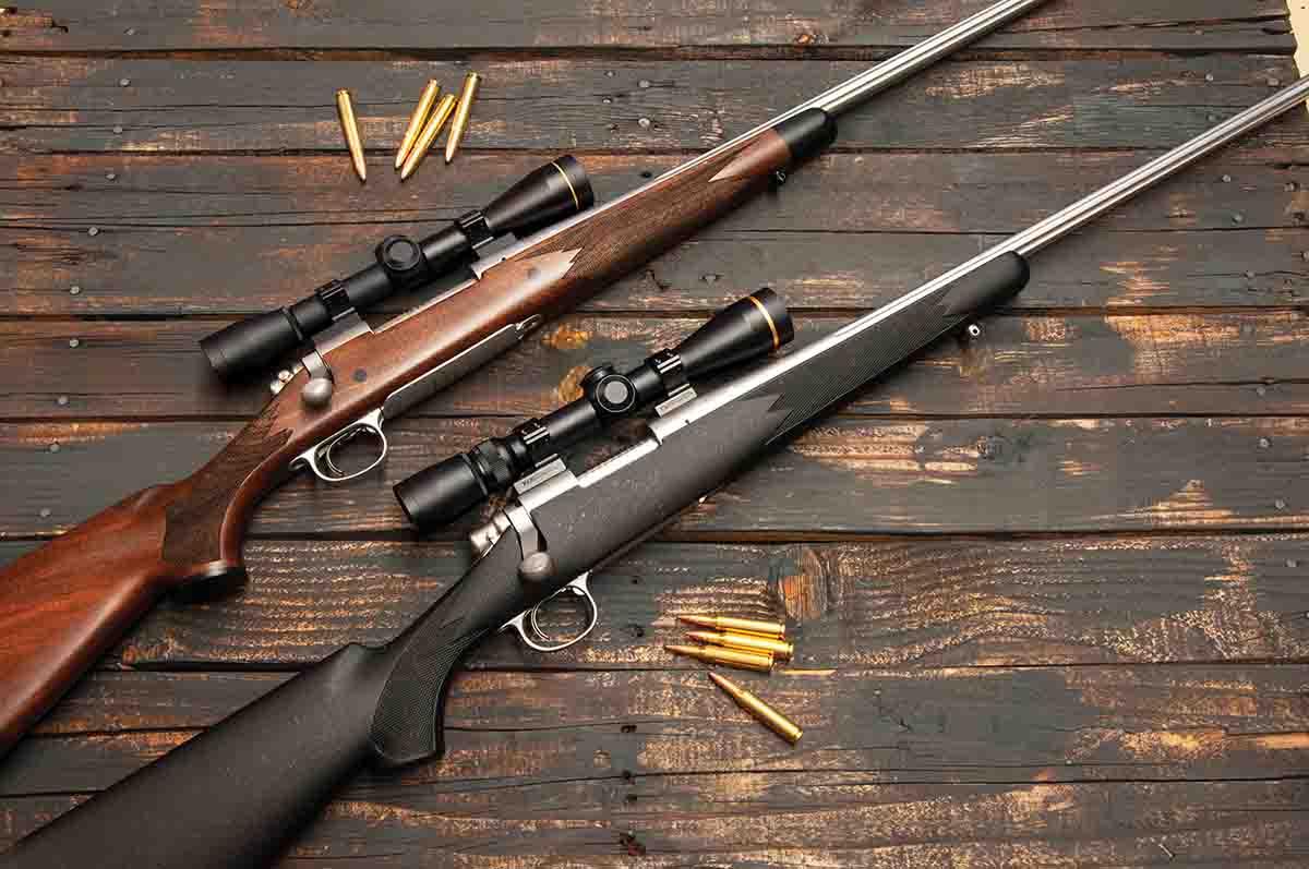 Remington’s CDL Stainless Fluted rifles, like the .35 Whelen at top, featured a walnut stock with a forend cap. The stainless bottom metal and the barrel appear awkward as a result. The rifle at the bottom is a CDL Stainless Fluted 6mm Remington that now includes an aftermarket composite stock.